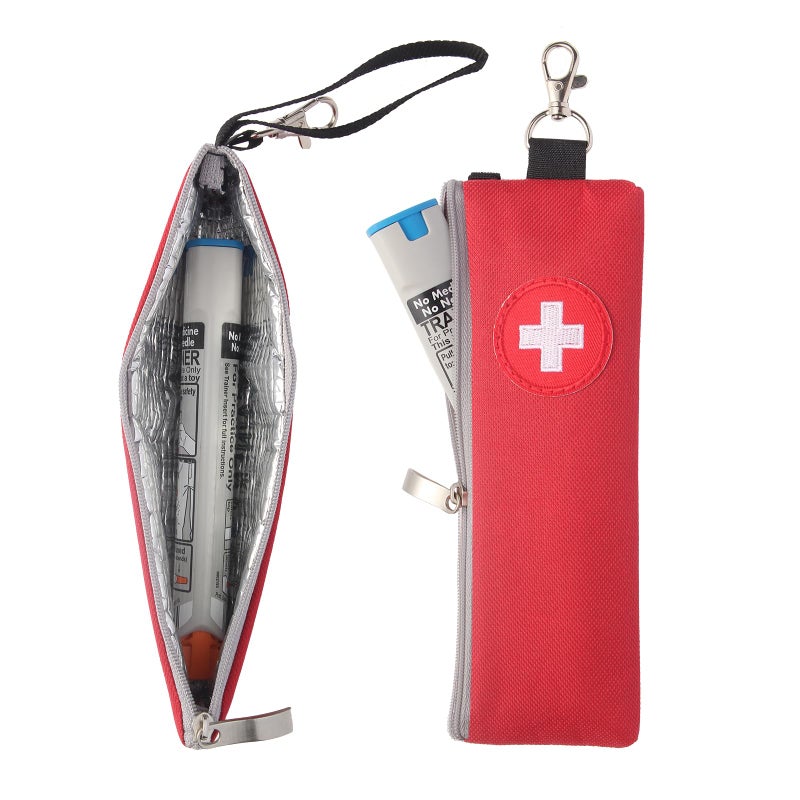 GENCAM EpiPen Carrying Case, 2 Pack Emergency Medical Bag with Carabiner, Medicine Bag for EpiPens, Asthma Inhaler, Auvi-Q,Eye Drops,Anti-Histamine,Allergy Medication (Red)